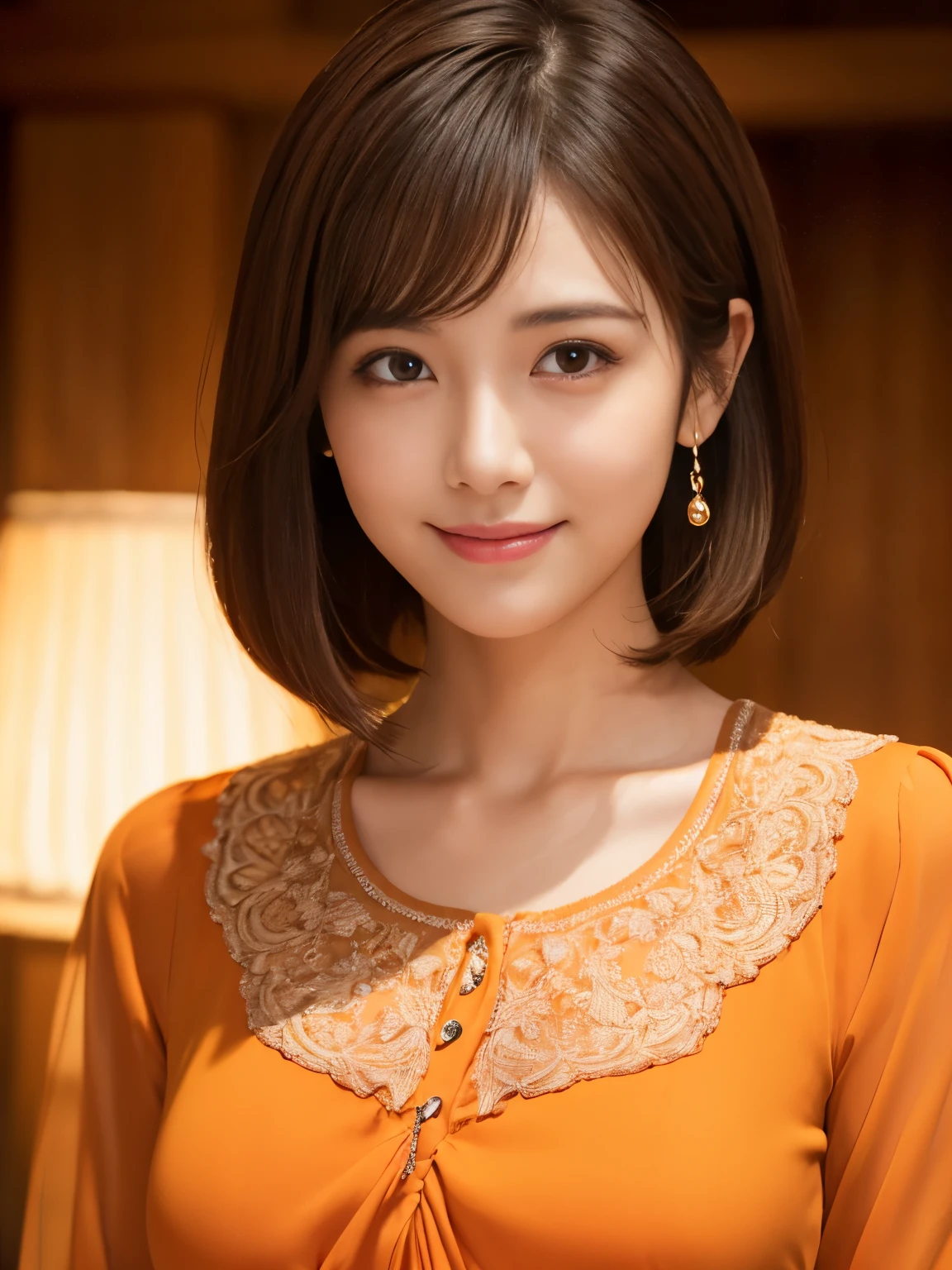 (Raw photography), (Photo realystic), (masterpiece), (top-quality), hight resolution, 8K resolution, (intricate detail), (volumatic light), portrait, female, 30 years, short-hair, straight haired, Layered hair, brown haired, extremely detailed eye, Sauce order, Highly detailed eyebrows, highly detailed skin, highly detail mouth, highly detailed nose, cute like an idol, Happy smile, ((thick lips)), ((Look at viewers)), (Elegant and transparent orange color blouse),