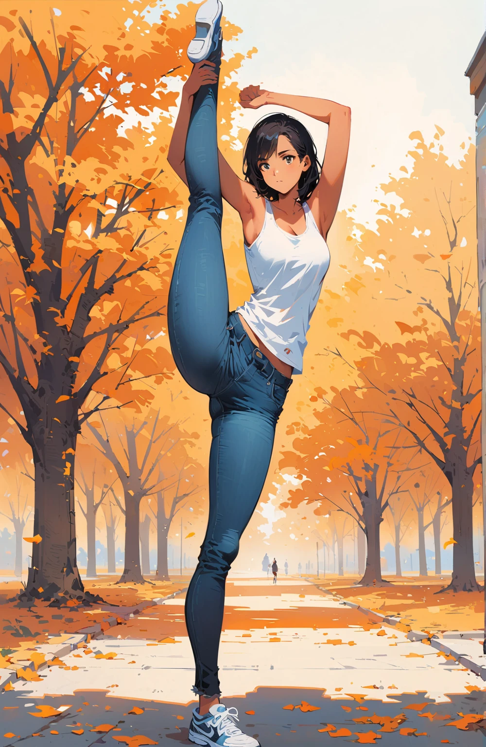 close, Beautiful woman in samdoesarts style, In a park full of orange leaves , alone,Are standing_Split, Jeremy Mann, By Sandra Chevrier, Dave McCain、Richard Avedon、Maciej Kuciara, White tank top and jeans, High resolution, 8k