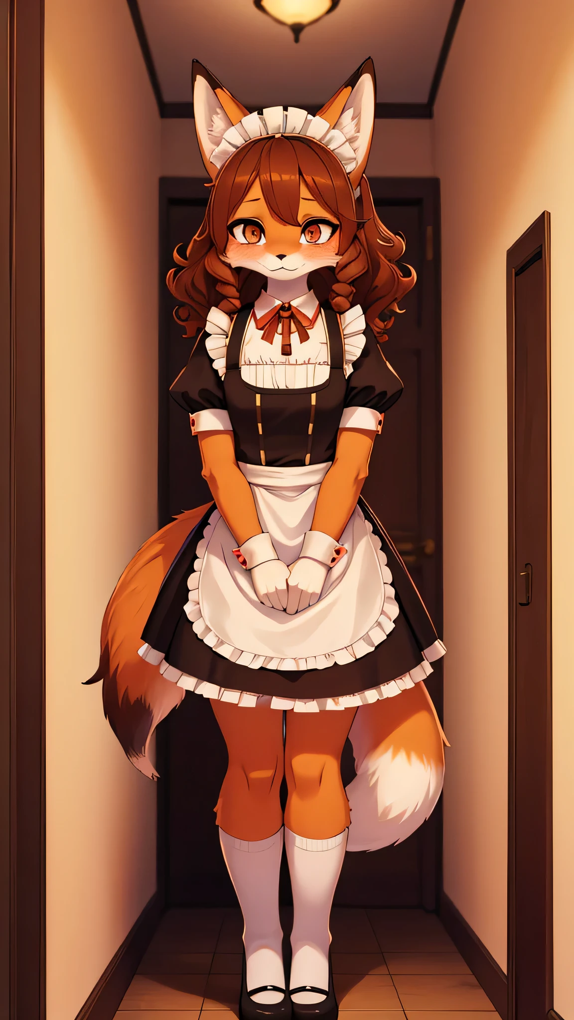 1 woman, furry, fox, orange fur, brown curly hair, maid, background of a house hallway, maid dress, long socks, Lifting the dress, pink panties, a little blushing