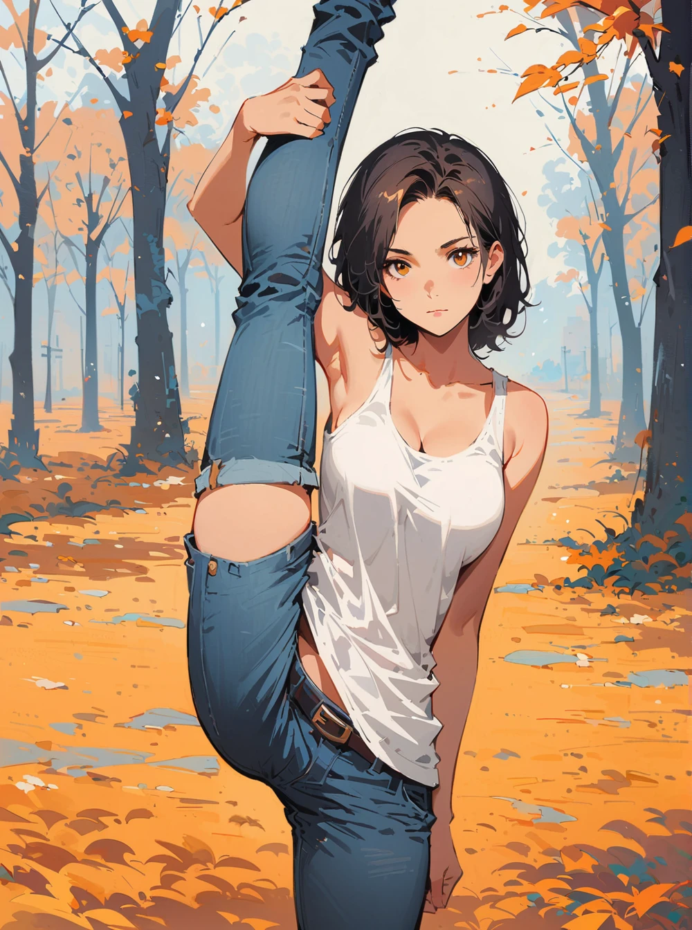 close, Beautiful woman in samdoesarts style, In a park full of orange leaves , alone,Are standing_Split, Jeremy Mann, By Sandra Chevrier, Dave McCain、Richard Avedon、Maciej Kuciara, White tank top and jeans, High resolution, 8k