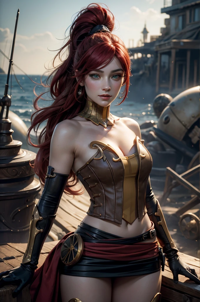 stunning girlfriend, heart shaped face, elegant face, beautiful face, highly detailed face, highly detailed skin, skin pores, subsurface scattering, realistic pupils, full lips, detailed background, depth of field, atmospheric perspective, volumetric lighting, sharp focus, absurdres, realistic proportions, good anatomy, (realistic, hyperrealistic:1.4), 16k hdr, ((best quality)), ((highly detailed)), absurdres, (detailed eyes, deep eyes), (1girl), full body, pyrrha nikos, rwby, red hair, ponytail, green eyes, medium breasts, smiling, circlet, bustier, bare shoulders, skirt, elbow gloves, bracers, armored boots, night, stars, on deck of pirate ship, galleon, sails, sea, crew, (crew wearing traditional Greek robes))