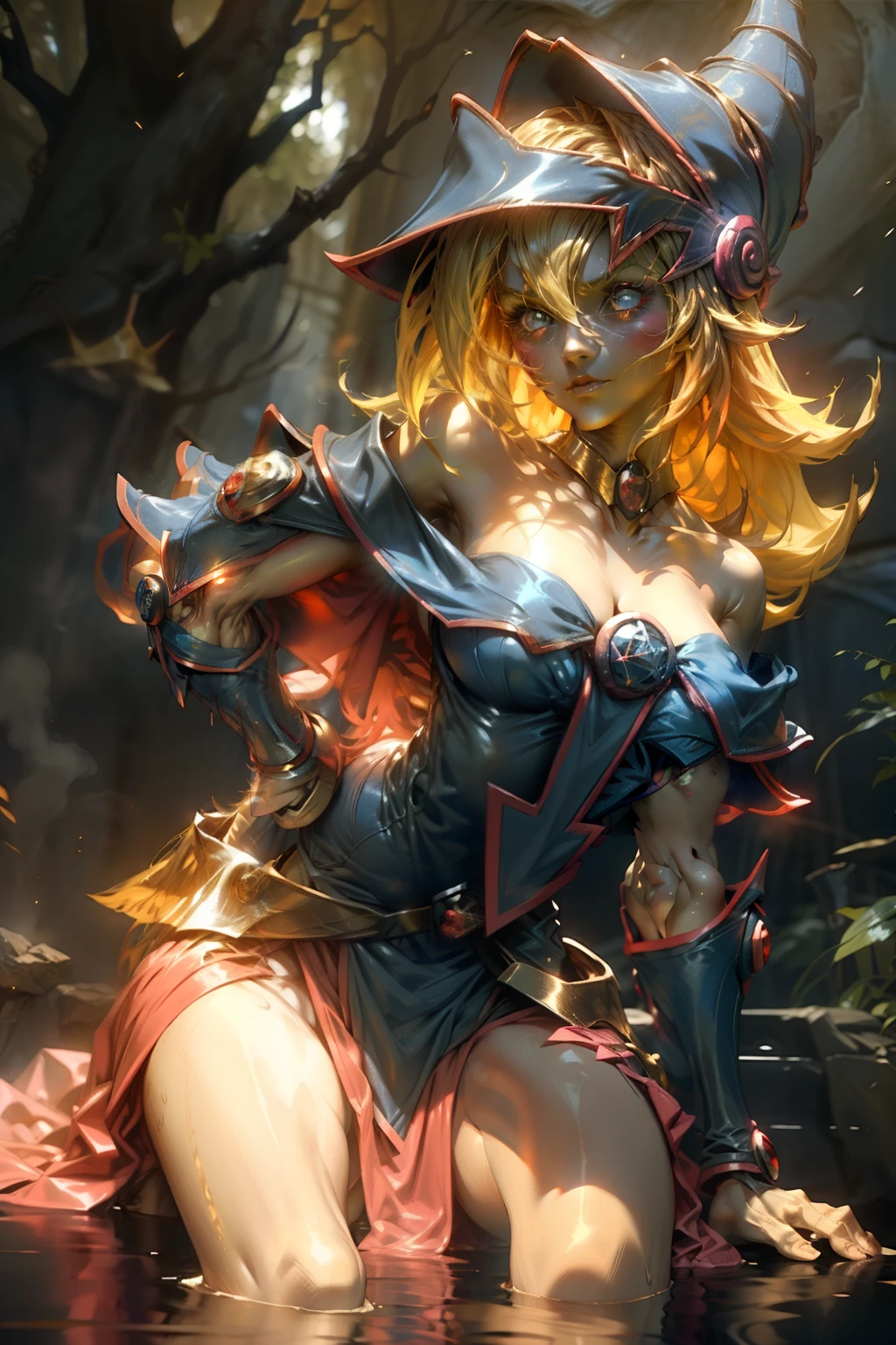 Dark magician gils. Ojos azules, labios rojos, cabello rubio y largo. Pose sensual. Fondo de Fuego. She is in flames