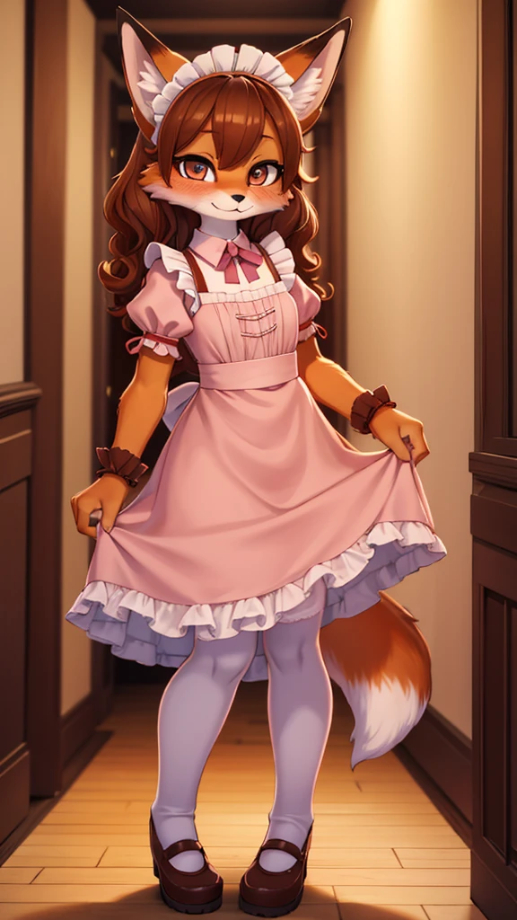 1 woman, furry, fox, orange fur, brown curly hair, maid, background of a house hallway, maid dress, long socks, Lifting the dress, pink panties, a little blushing 