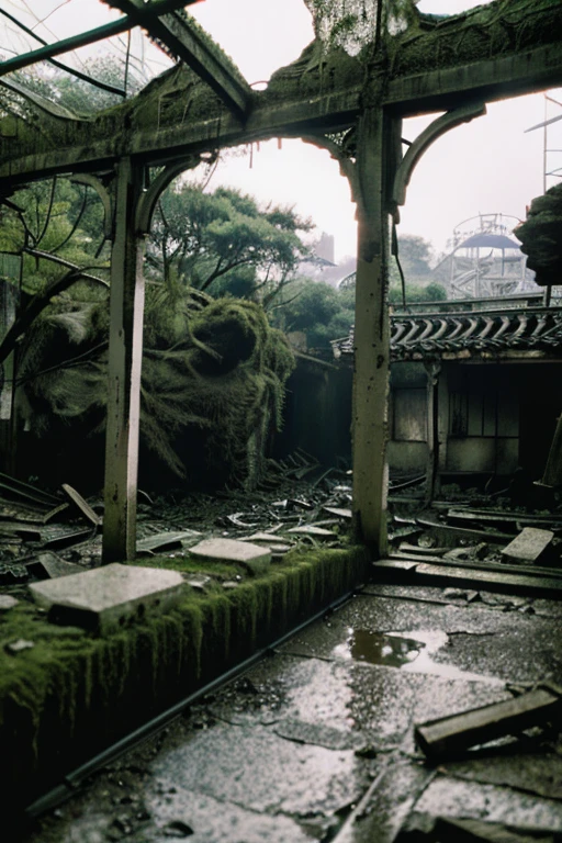 amusement park,moss,Collapse,Devastation,Inside the ruins is narrow,Showa,Glasses,Women,adventure,Black and White,