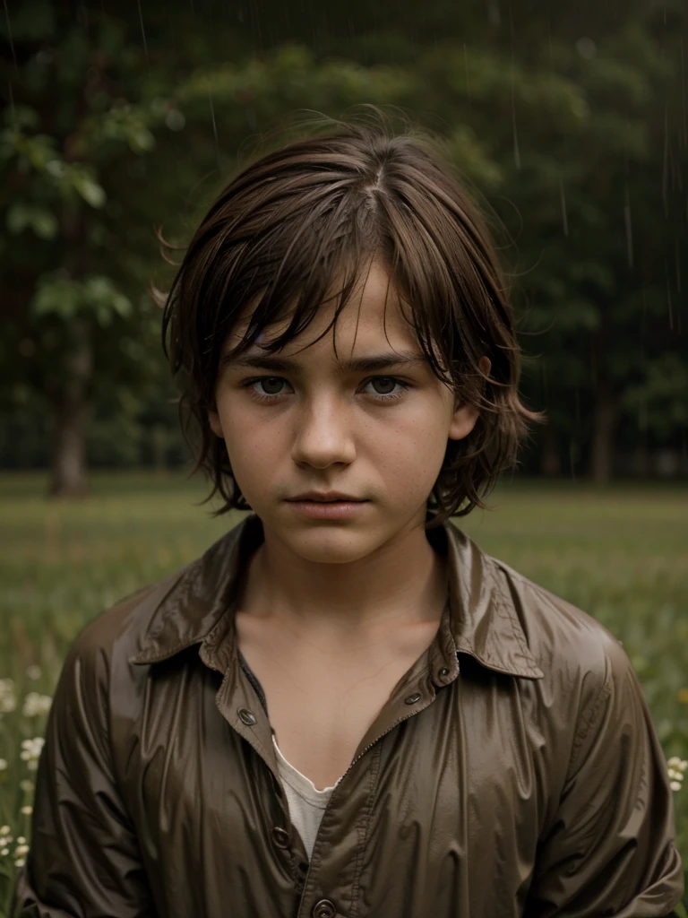 13 year old pensive melancholic boy in the field under stubborn rain male with light brown hair clothes 1800s French
