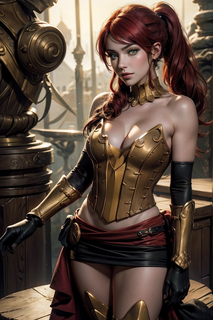 stunning girlfriend, heart shaped face, elegant face, beautiful face, highly detailed face, highly detailed skin, skin pores, subsurface scattering, realistic pupils, full lips, detailed background, depth of field, atmospheric perspective, volumetric lighting, sharp focus, absurdres, realistic proportions, good anatomy, (realistic, hyperrealistic:1.4), 16k hdr, ((best quality)), ((highly detailed)), absurdres, (detailed eyes, deep eyes), (1girl), full body, pyrrha nikos, rwby, red hair, ponytail, green eyes, medium breasts, smiling, circlet, bustier, bare shoulders, skirt, elbow gloves, bracers, armored boots, night, stars, on deck of pirate ship, galleon, sails, sea, crew, (crew wearing traditional Greek robes))