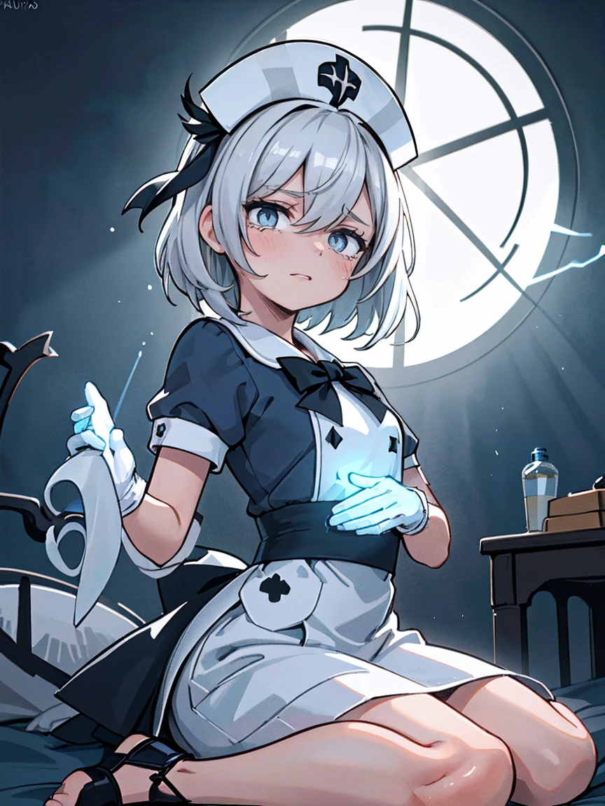 melhor qualidade, obra de arte, (realista:1.2), frente, 1 garota, , (Silhouette Lighting:1.5), Sobbing, cabelo coque castanho claro com franja, Fantasia de enfermeira branca, white nurse's cap, white gloves and mask, olhos azuis, rosto detalhado, Olhos lindos, Medium chest, (Wariza:1.3), de cima, no quarto do hospital