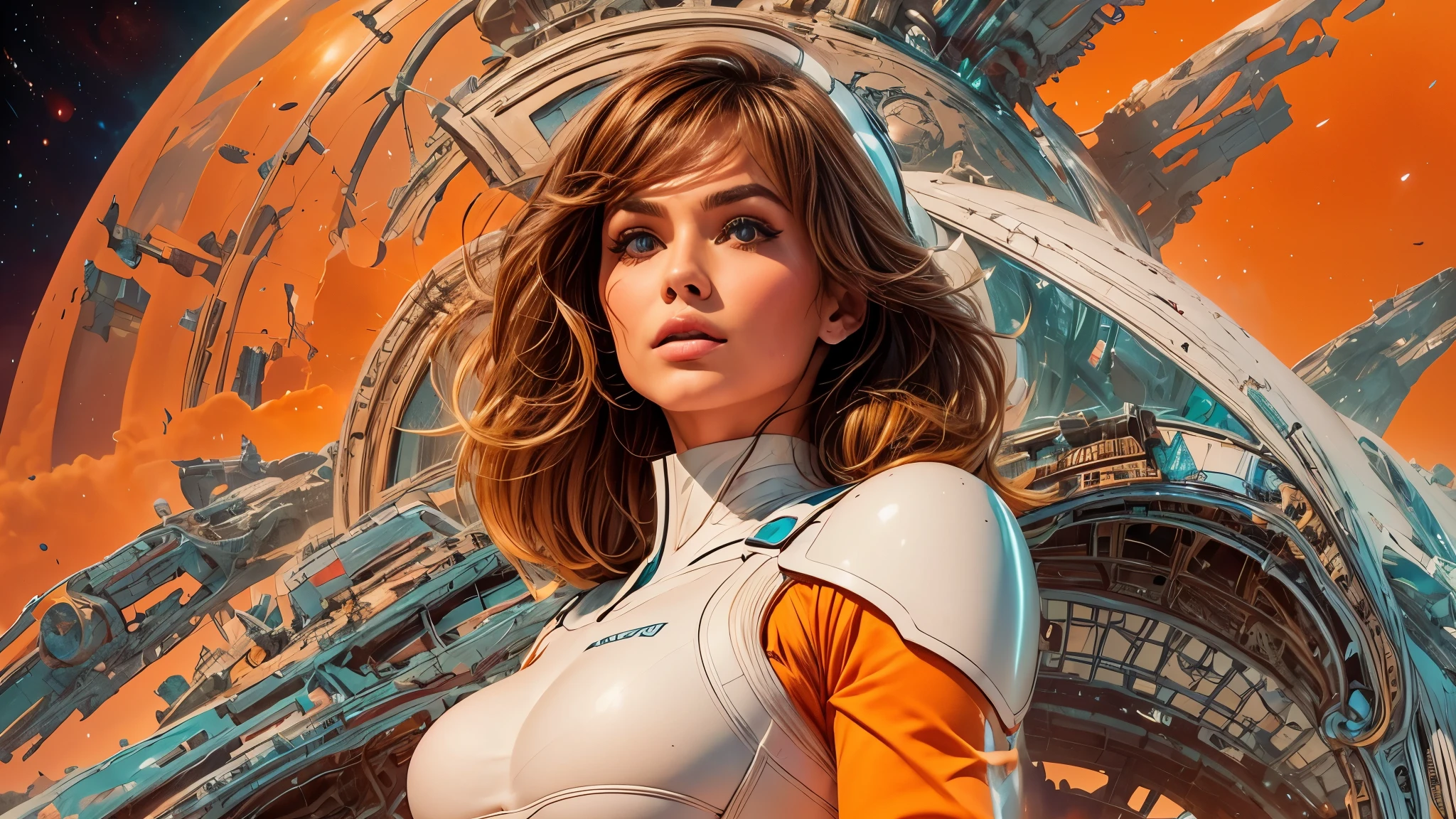 arafed image of a white woman in a futuristic suit with a spaceship in the background, movie art, in front of an orange background, inspired by Robert McGinnis, female protagonist, megastructure in the background, portrait of an ai astronaut, astronauts, an astronaut, portrait of a astronaut skeletor, perfect android girl, detailed eyes, perfectly detailed teeth, frank franzzeta and sakimichan