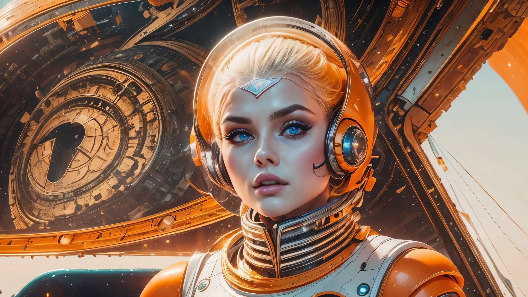 arafed image of a white woman in a futuristic suit with a spaceship in the background, movie art, in front of an orange background, inspired by Robert McGinnis, female protagonist, megastructure in the background, portrait of an ai astronaut, astronauts, an astronaut, portrait of a astronaut skeletor, perfect android girl, detailed eyes, perfectly detailed teeth, frank franzzeta and sakimichan