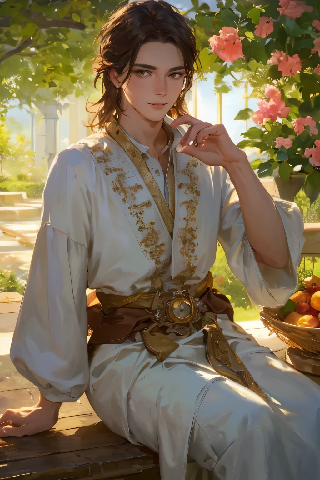 (best quality,4k,8k,highres,oilpainting:1.2,male),ultra-detailed,brown-eyed brunette with delicate freckles,flawless skin,lovely smile,beautifully tousled hair,wearing elegant attire like a prosperous commoner,engaging in a casual yet graceful pose,in a vibrant garden setting,stunningly lit by golden sunlight,with a touch of romance and serenity,showcasing the intricate details of the surroundings,accentuated by vivid colors and sharp focus.