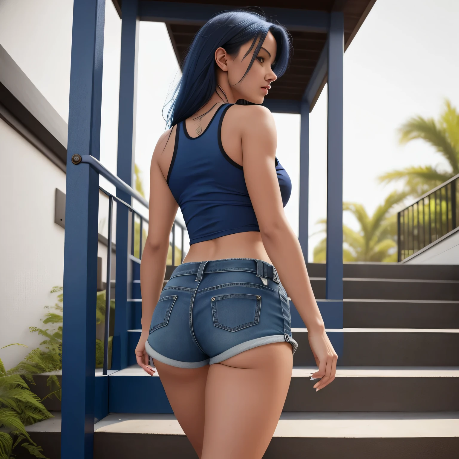 Beautiful woman in an indigo blue t-shirt and very short black shorts walking down the steps of a staircase with a metal handrail, in very short dark blue shorts, sexy girl wearing shorts, side view of her taking steps, standing on a staircase, balcony scene , wearing a top and shorts, dark blue shorts, on a balcony, photo on the side, wearing a t-shirt and shorts. She wears dark blue micro shorts and a blue tank top, very short shorts that show off her athletic physique. Photo taken from behind. The sunlight dances across her skin, highlighting her curves and giving the scene a dreamy look. Beautiful woman, extremely sexy, very sensual. Masterpiece: 1.3, high resolution, (photographically realistic), 8k, 8K, NUDE, NUDITY, NFSW