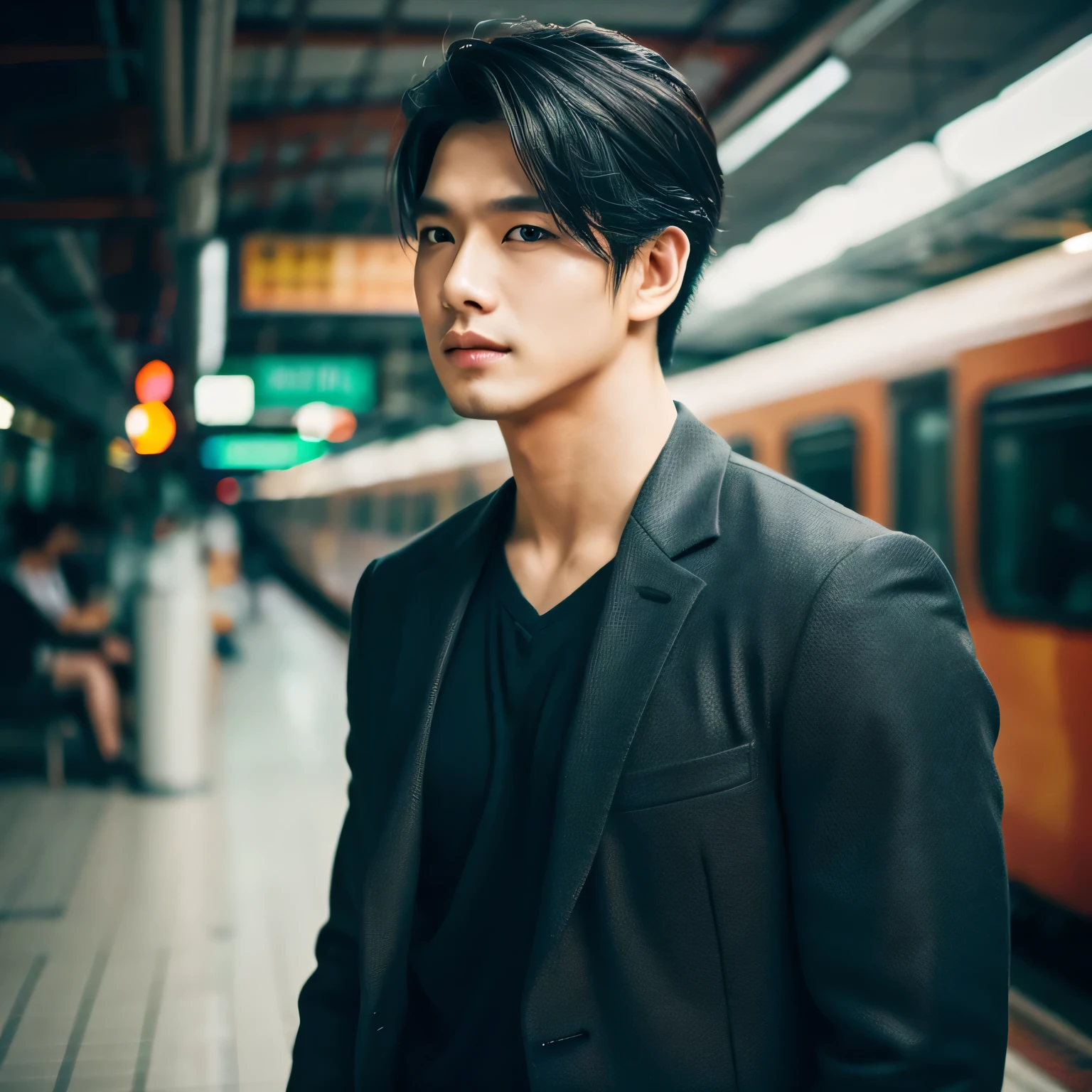 Cinematic Photo of a handsome Thailand man 30 y.o fashion model bokeh train, medium black hair 
