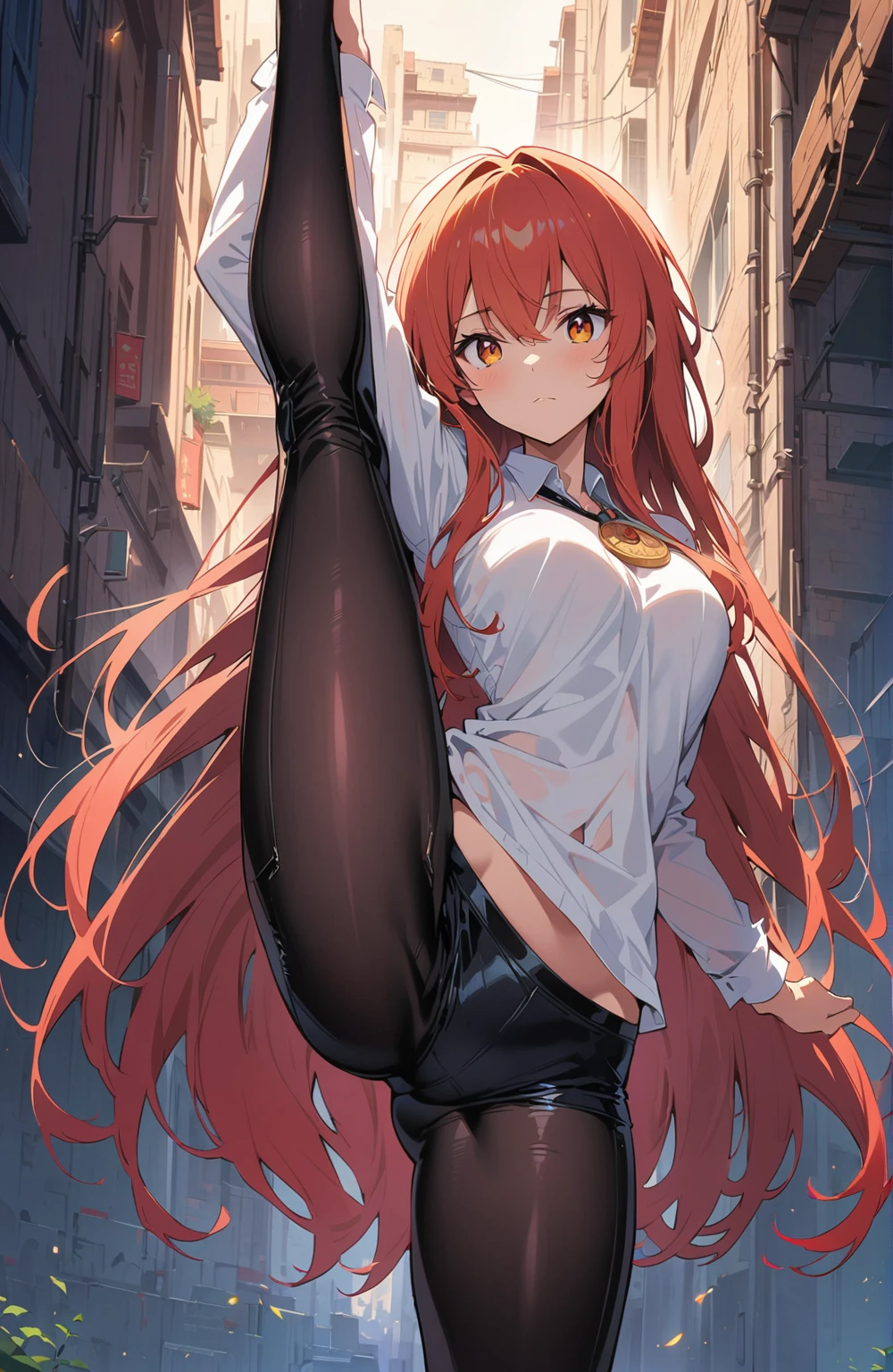 2D, masterpiece, highest quality, anime, Highly detailed face, Highly detailed eyes, Highly detailed background, Perfect lighting, One girl, alone, whole body, alone,Are standing_Split, latex legwear, White shirt, Redhead, Amulets