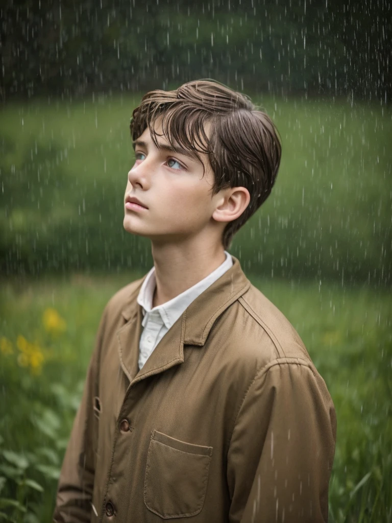 13 year old pensive melancholic boy in the field under persistent rain male with light brown hair clothes 1900s Italian