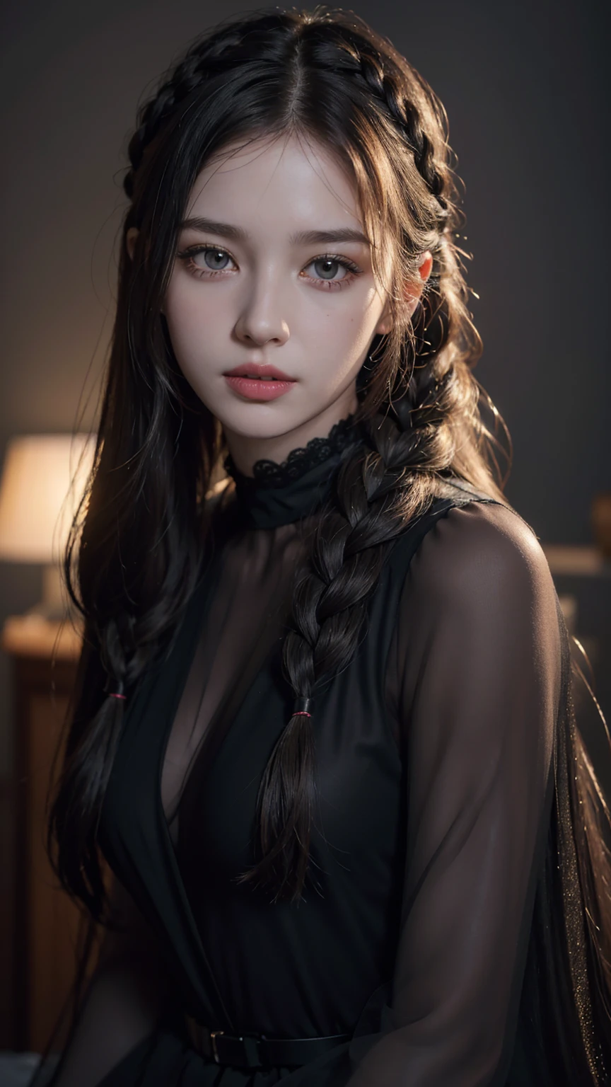 (RAW photo, best quality), ((Nostalgia,1980s syle)),(A girl with a literary atmosphere:1.2),(realistic, photo-realistic:1.3), (long wavy hair with braid), choker,very pale skin,Ultra Detailed Face, Detailed Lips, black lipstick, Fine Eyes, double eyelids, tight goth clothes, extremely delicate and beautiful, Amazing, finely detail, masterpiece, ultra-detailed, highres,best illustration, best shadow,intricate,depth of field,(closeup portrait of a young beautiful woman:1.2),long hair, ponytail, messy hair,((((low key,dark scene,dimly lit)))),(((soft lighting:1.4))),(pale skin:1.4),(shy smile),(cinematic angle),sharp focus, volumetric fog, 8k UHD, DSLR, high quality,( film grain:1.4), Fujifilm XT3,(looking at viewer), pale skin