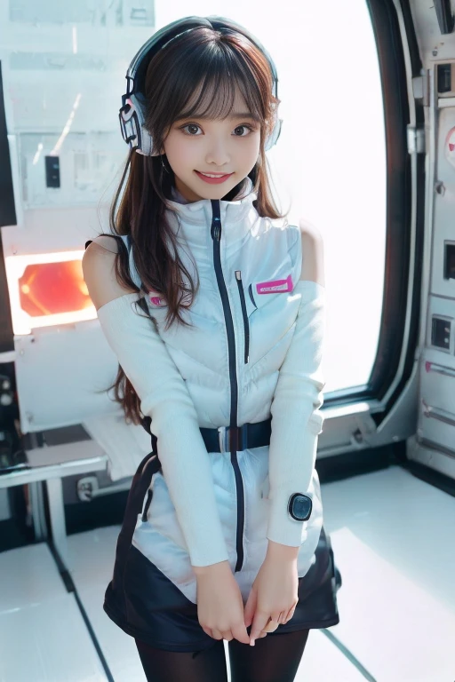 ((NSFW: 1.4)), ((Detailed face, Professional photography)), ((NSFW, zettai ryouiki, 1 girl)), Ultra-high resolution, (Realistic: 1.4), RAW Photos, highest quality, (PhotoRealistic Stick), concentrated, Soft Light, ((30 years old)), ((Japanese)), (( (Young Face))), (surface), (Depth of written boundary), masterpiece, (Realistic),(inside ISS):3, woman, ,astrovest:2,headphone:2,smartwatch,,bangs, ((1 girl)),(black sleeves):2,(black tights):2,inside spacestation,inside spacecraft,,zero gravity,smile,open leg,blush:1.5,hidden hands,neotech