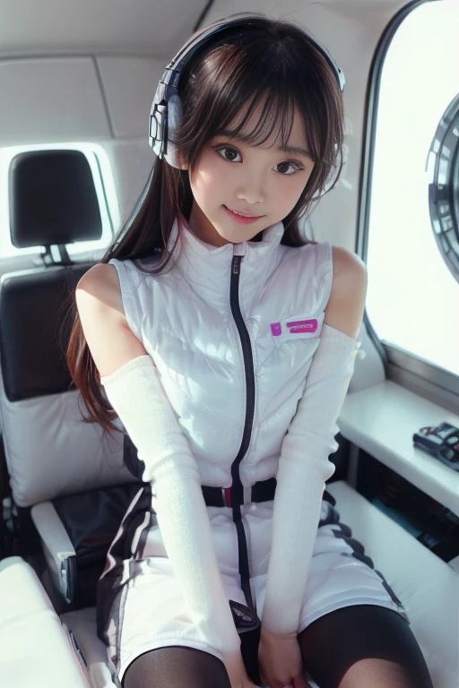 ((NSFW: 1.4)), ((Detailed face, Professional photography)), ((NSFW, zettai ryouiki, 1 girl)), Ultra-high resolution, (Realistic: 1.4), RAW Photos, highest quality, (PhotoRealistic Stick), concentrated, Soft Light, ((30 years old)), ((Japanese)), (( (Young Face))), (surface), (Depth of written boundary), masterpiece, (Realistic),(inside ISS):3, woman, ,astrovest:2,headphone:2,smartwatch,,bangs, ((1 girl)),(black sleeves):2,(black tights):2,inside spacestation,inside spacecraft,,zero gravity,smile,open leg,blush:1.5,hidden hands,neotech