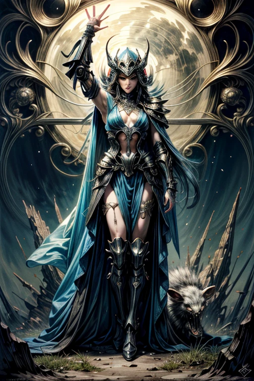 Create a realistic fantasy image featuring a female High Elf Warlock with white skin, glowing blue eyes, and long, straight black hair. She wears a white corset-style dress with gold details. The front of the dress ends in a short skirt above the knees, while the back features a tail that flows down her right leg, curving around her ankle. She is wearing knee-high white boots with gold accents. The elf stands facing the viewer, her body slightly turned to the left. In her right hand, she forms a glowing purple energy sphere, while in her left hand, she holds a shining obsidian-like black bow.

Behind the elf stands a humanoid demon with long reddish horns, torn black robes, semi-folded tattered wings, and a carmine aura. To her left, a crimson red imp hovers in the air.

The setting is a carved stone altar on which the characters stand, located in a desolate landscape under a midnight sky with a bright blue full moon. The sky is partially covered with clouds, revealing the Milky Way above.