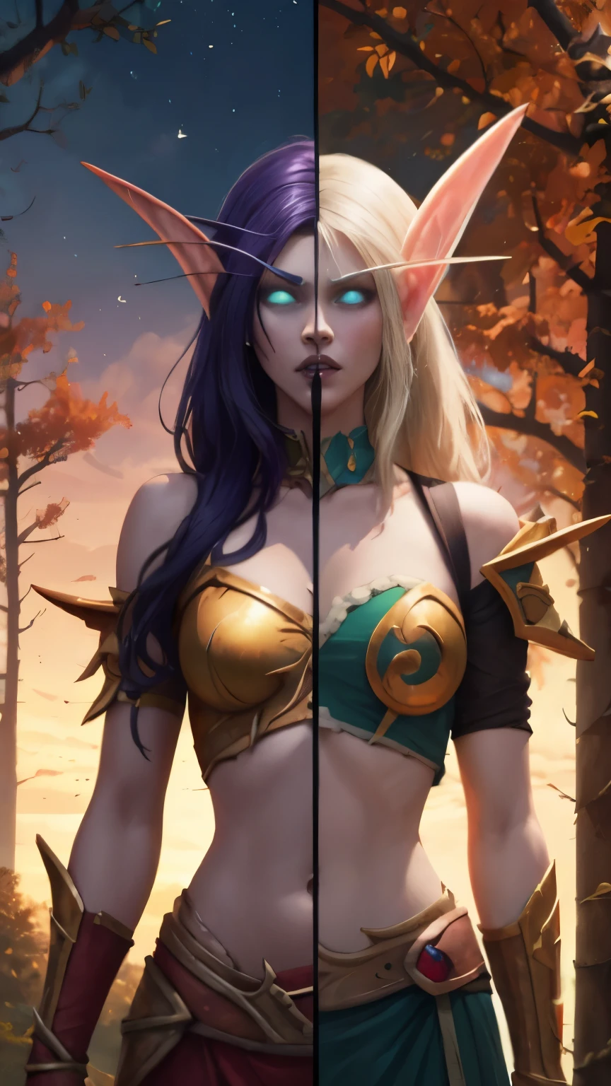 (Masterpiece, highly detailed, highly quality,  highly resolutions), SplitScreen, split screen, BREAK nightelf, angry, clenched teeth, blood stains, glowing eyes, blue eyes, Purple Hair, colored skin, mature female, purple midriff, navel, purple spike shoulder pad, platinum trim, green leaves, jewelry, looking at viewer, forest, night, bare shoulders, spring season, SplitScreen, split screen, BREAK bldelf, angry, clenched teeth, blood strains, glowing eyes, yellow eyes, Blonde hair, colored sclera, mature female, red short shirt, navel, red shoulder pad, gold trim, yellow leaves, jewelry, looking at viewer, forest, day, bare shoulders, Fall season