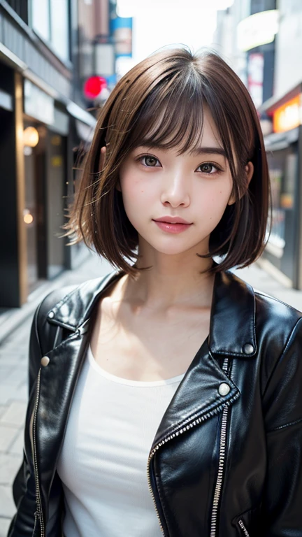 (((Straight shoulder-length brown mini bob)))、(((目が細くLight eye makeup)))、(((standing alone on the rider'Black leather jacket with the backdrop of a nighttime Kabukicho alley.)))、(((Please come wearing clothes that cover your arms...)))、Half Japanese and Korean、18-year-old girl、independent、Look forward、Light eye makeup、Brown Hair Color、flat 、Hair blowing in the wind、quality of actress、Shiny, Ultra-realistic faces、smileの表情、Watery eyes、look up、Calming lighting effects、 Ultra-Realistic Capture、Very detailed、High resolution 16K human skin close-up。Skin texture must be natural、Must be so detailed that pores are visible、skin is healthy、Must be an even tone、Use natural light and color、High quality photos taken by a modeling agency'Exclusive photographer、smile、(((Sigma 300mm F/2.8,1/1000 sec shutter,ISO400)))
