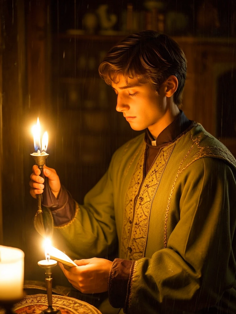  pensive melancholic boy at home in the light of several candles under persistent rain male  with light brown hair 1900s Italian clothing reading a book