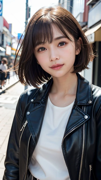 (((Straight shoulder-length brown mini bob)))、(((目が細くLight eye makeup)))、(((standing alone on the rider'Black leather jacket with the backdrop of a nighttime Kabukicho alley.)))、(((Please come wearing clothes that cover your arms...)))、Half Japanese and Korean、18-year-old girl、independent、Look forward、Light eye makeup、Brown Hair Color、flat 、Hair blowing in the wind、quality of actress、Shiny, Ultra-realistic faces、smileの表情、Watery eyes、look up、Calming lighting effects、 Ultra-Realistic Capture、Very detailed、High resolution 16K human skin close-up。Skin texture must be natural、Must be so detailed that pores are visible、skin is healthy、Must be an even tone、Use natural light and color、High quality photos taken by a modeling agency'Exclusive photographer、smile、(((Sigma 300mm F/2.8,1/1000 sec shutter,ISO400)))