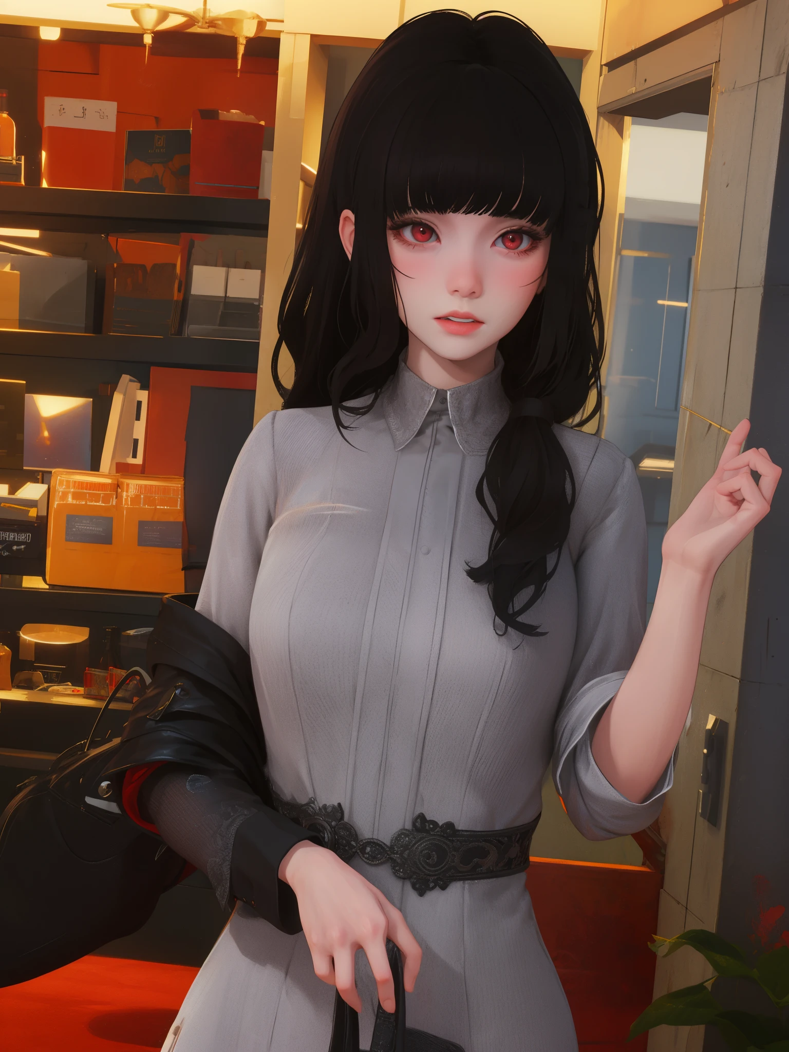 masterpiece, highly detailed, best quality, 1girl, solo, Luna, black hair, red eyes, blunt bangs, gothic style, blur background