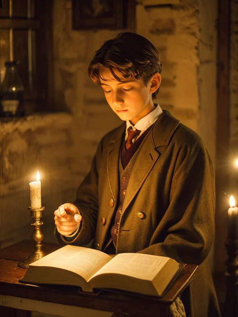 13 year old pensive melancholic boy at home by the light of several candles under persistent rain male  with light brown hair 1900s Italian clothing reading a book in front of a crucifix