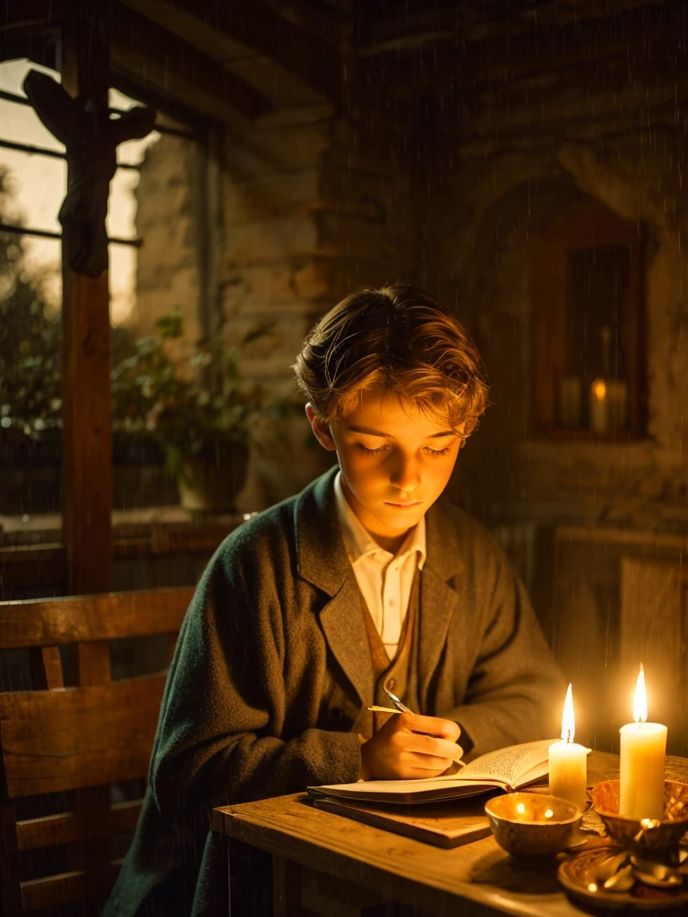 13 year old pensive melancholic boy at home by the light of several candles under persistent rain male with light brown hair 1900s Italian clothing reading a book in front of a crucifix