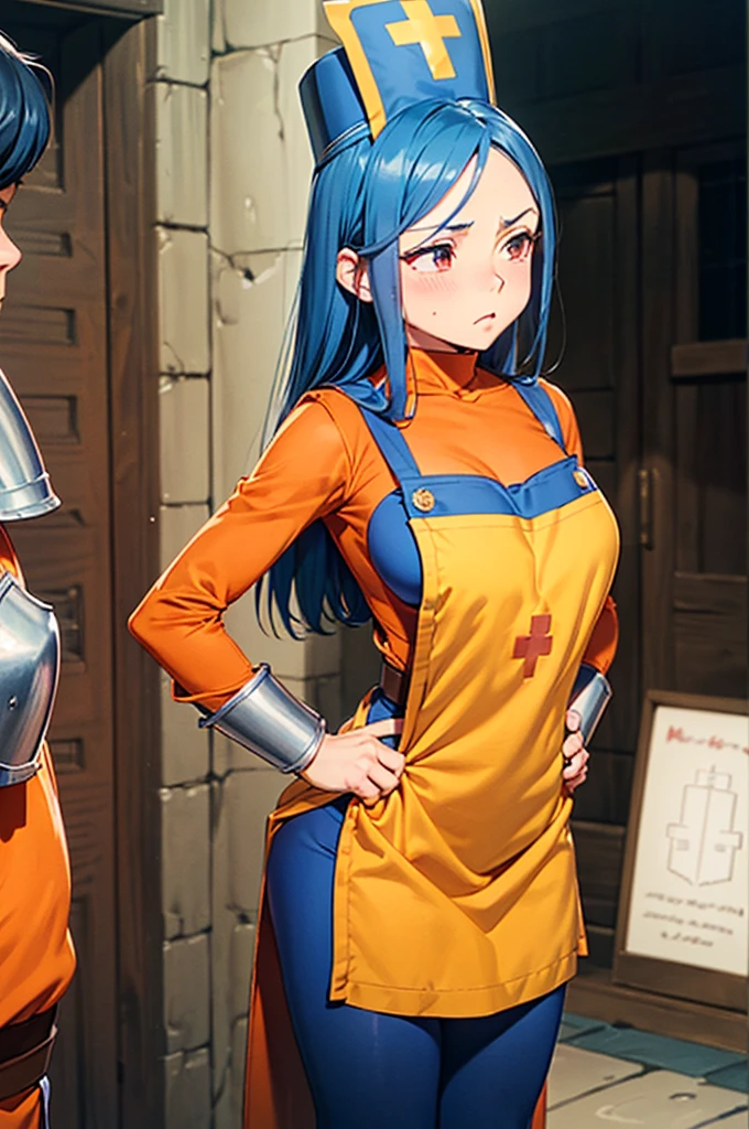 (Game CG), (from the front:1.3), Cowboy Shot, Focus on the chest, close, (Two boys:1.2) and (One girl), Heterosexual, (priest(dq3):1.3), (arched back), (zentai, Body stockings), Long blue apron, Apron over full body tights, apron over Body stockings, Blue Hair, Small breasts, (Grab your chest:1.4), (The girl has her arms up:1.1), (tired, Embarrassing:1.3), (blush), Mouth closed, Glowing Skin, (man on either side of woman, A woman caught between men), (Men wear armor:1.4), (vapor:1.3), Ishigaki, (masterpiece, highest quality, High resolution:1.3), Perfect Anatomy