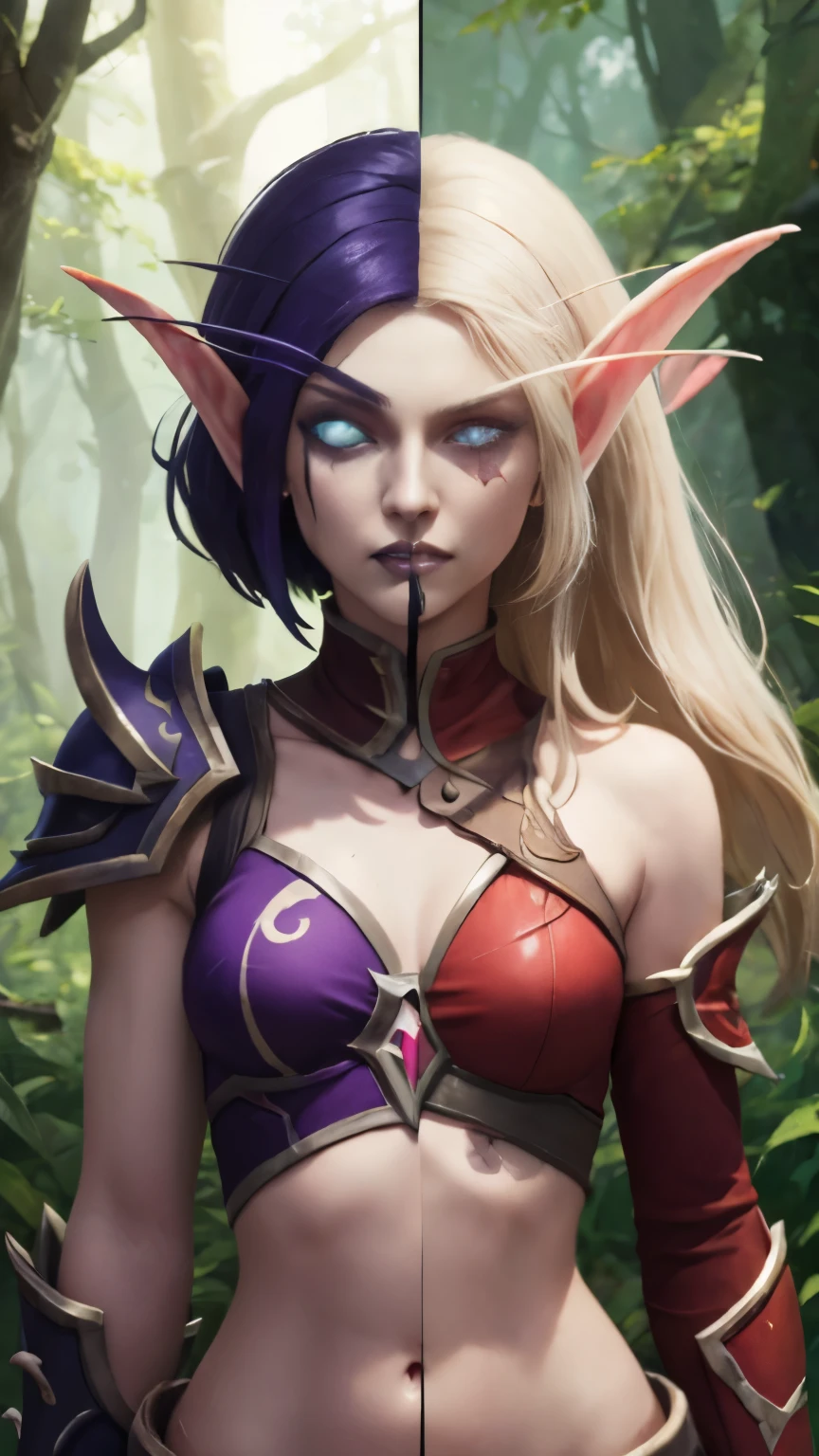 (Masterpiece, highly detailed, highly quality, highly resolutions), SplitScreen, split screen, BREAK nightelf, angry, clenched teeth, blood stains on faces, glowing eyes, blue eyes, Purple Hair, colored skin, mature female, purple midriff, navel, purple spike shoulder pad, platinum trim, green leaves, looking at viewer, forest, night, bare shoulders, spring season, SplitScreen, split screen, BREAK bldelf, angry, clenched teeth, blood strains on faces, glowing eyes, yellow eyes, Blonde hair, colored sclera, mature female, red short shirt, navel, red shoulder pad, gold trim, yellow leaves, looking at viewer, forest, day, bare shoulders, Fall season