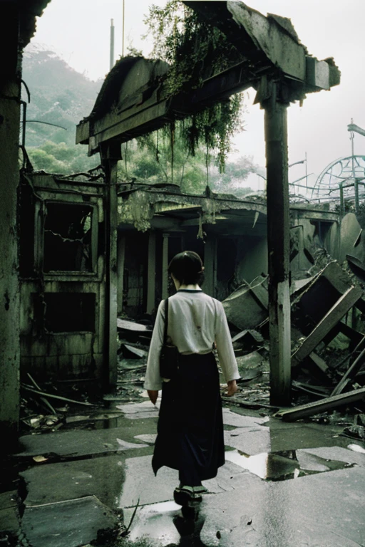 amusement park,moss,Collapse,Devastation,Inside the ruins is narrow,Showa,Glasses,Women,adventure,Black and White,