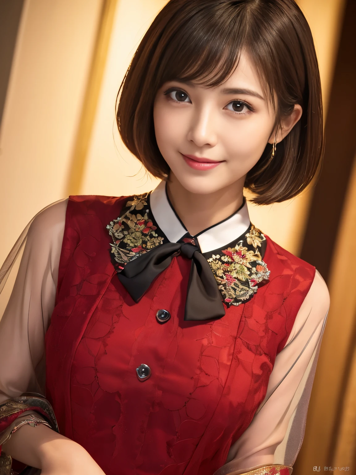 (Raw photography), (Photo realystic), (masterpiece), (top-quality), hight resolution, 8K resolution, (intricate detail), (volumatic light), portrait, female, 30 years, short-hair, straight haired, Layered hair, brown haired, extremely detailed eye, Sauce order, Highly detailed eyebrows, highly detailed skin, highly detail mouth, highly detailed nose, cute like an idol, Happy smile, ((thick lips)), ((Look at viewers)), (Elegant and transparent red colorful blouse), Random body direction,
