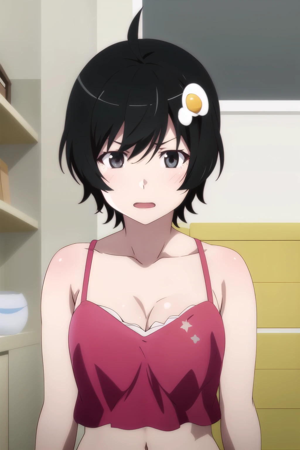 One girl, alone,
araragitsukihi, short hair,
hair ornaments, Ahoge, egg hair ornaments, trainer, Cleavage, anger, Upper Body Shot,