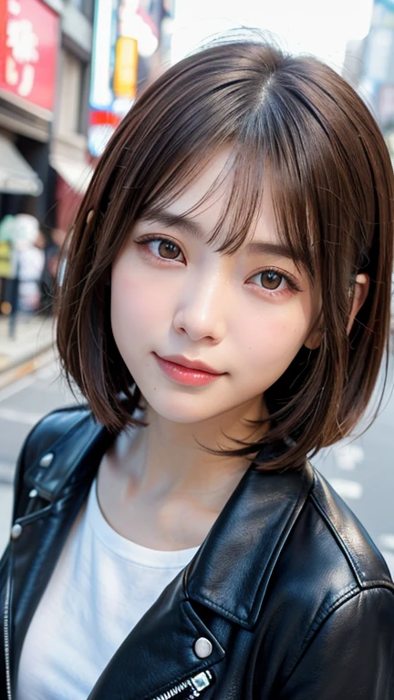 (((Straight shoulder-length brown mini bob)))、(((目が細くLight eye makeup)))、(((standing alone on the rider'Black leather jacket with the backdrop of a nighttime Kabukicho alley.)))、(((Please come wearing clothes that cover your arms...)))、Half Japanese and Korean、18-year-old girl、independent、Look forward、Light eye makeup、Brown Hair Color、flat 、Hair blowing in the wind、quality of actress、Shiny, Ultra-realistic faces、smileの表情、Watery eyes、look up、Calming lighting effects、 Ultra-Realistic Capture、Very detailed、High resolution 16K human skin close-up。Skin texture must be natural、Must be so detailed that pores are visible、skin is healthy、Must be an even tone、Use natural light and color、High quality photos taken by a modeling agency'Exclusive photographer、smile、(((Sigma 300mm F/2.8,1/1000 sec shutter,ISO400)))