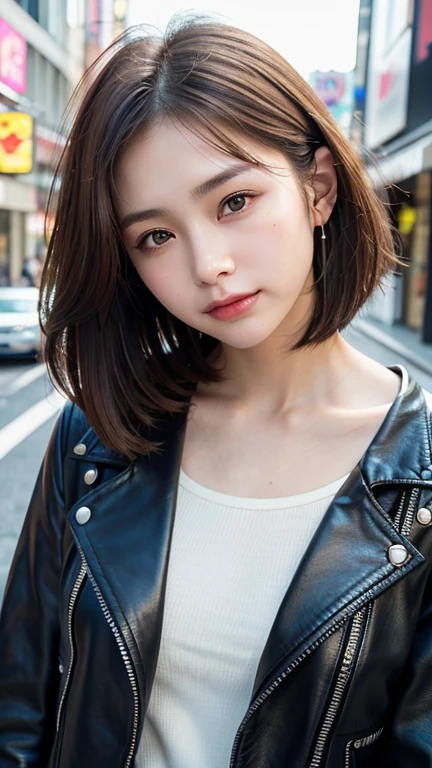(((Straight shoulder-length brown mini bob)))、(((目が細くLight eye makeup)))、(((standing alone on the rider'Black leather jacket with the backdrop of a nighttime Kabukicho alley.)))、(((Please come wearing clothes that cover your arms...)))、Half Japanese and Korean、18-year-old girl、independent、Look forward、Light eye makeup、Brown Hair Color、flat 、Hair blowing in the wind、quality of actress、Shiny, Ultra-realistic faces、smileの表情、Watery eyes、look up、Calming lighting effects、 Ultra-Realistic Capture、Very detailed、High resolution 16K human skin close-up。Skin texture must be natural、Must be so detailed that pores are visible、skin is healthy、Must be an even tone、Use natural light and color、High quality photos taken by a modeling agency'Exclusive photographer、smile、(((Sigma 300mm F/2.8,1/1000 sec shutter,ISO400)))
