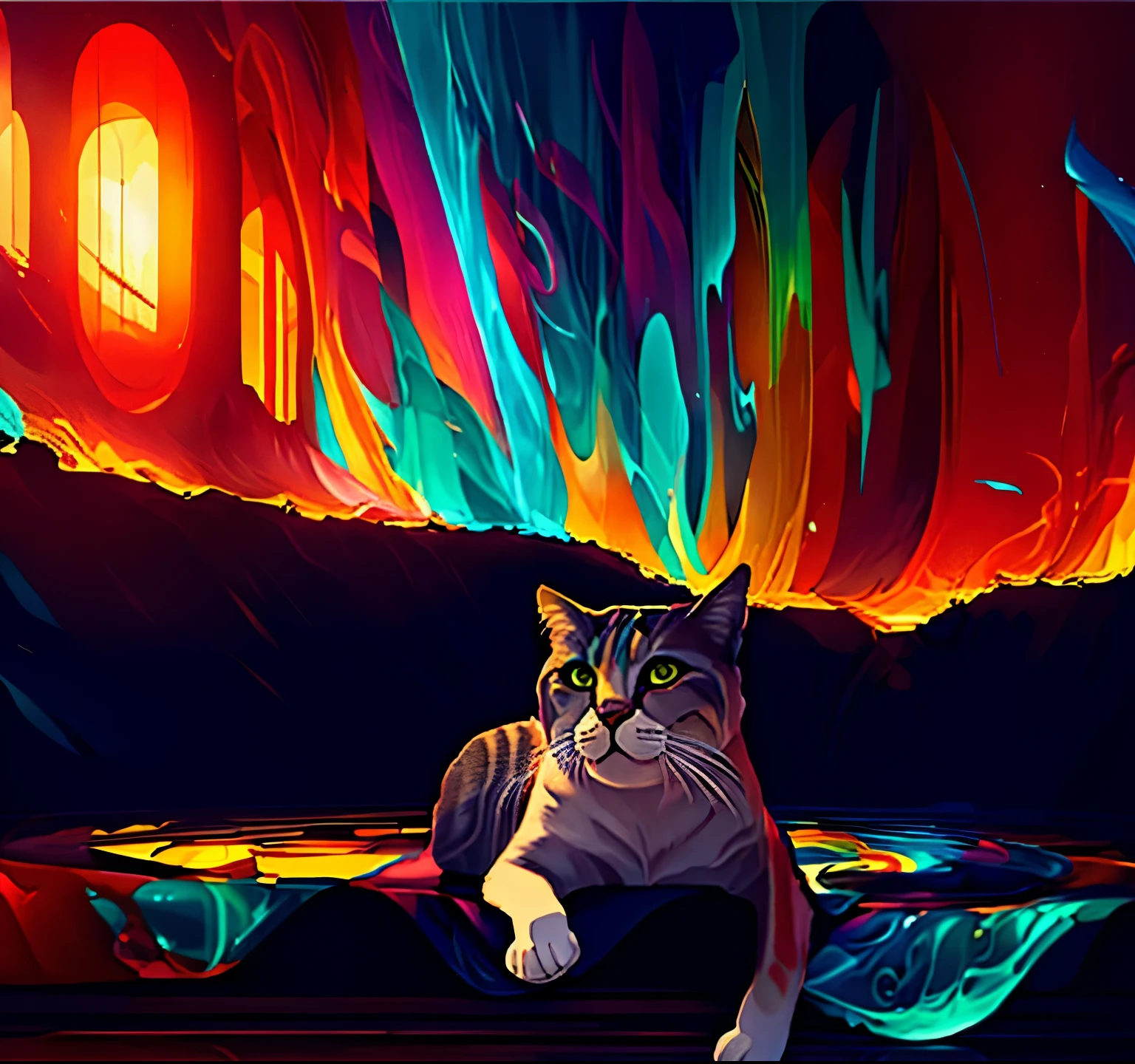 lindo gato, retrato, iluminar desde el fondo, Abstracto, pintura, ethereal, liquid, Abstracto, obra maestra , muy detallado, mejor calidad, of the highest quality, Realistic lighting, hiperdetallado, hiperrealismo, cores, vistoso,