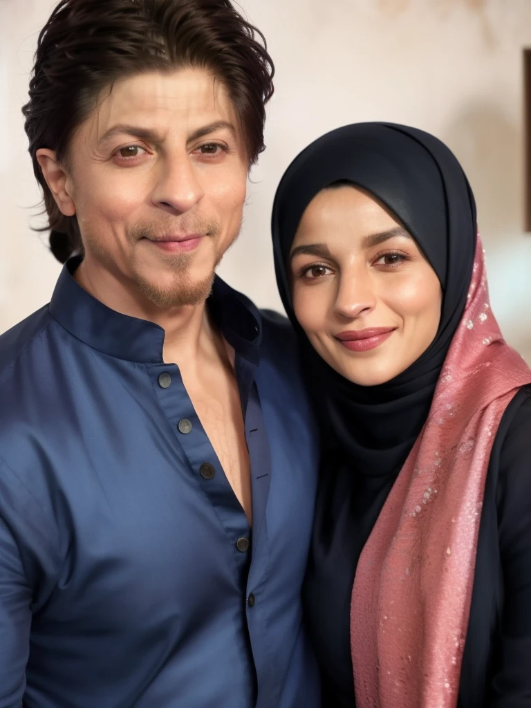 a close up of a person wearing a headscarf and a woman wearing a hijab, shah rukh khan, very clear picture, with a brilliant, february), edited, a still of a happy, hq, finally, leaked image, celebrity, a picture, while smiling for a photograph, fan art, wonderful, mogul khan, very beautiful photo, they are close to each other