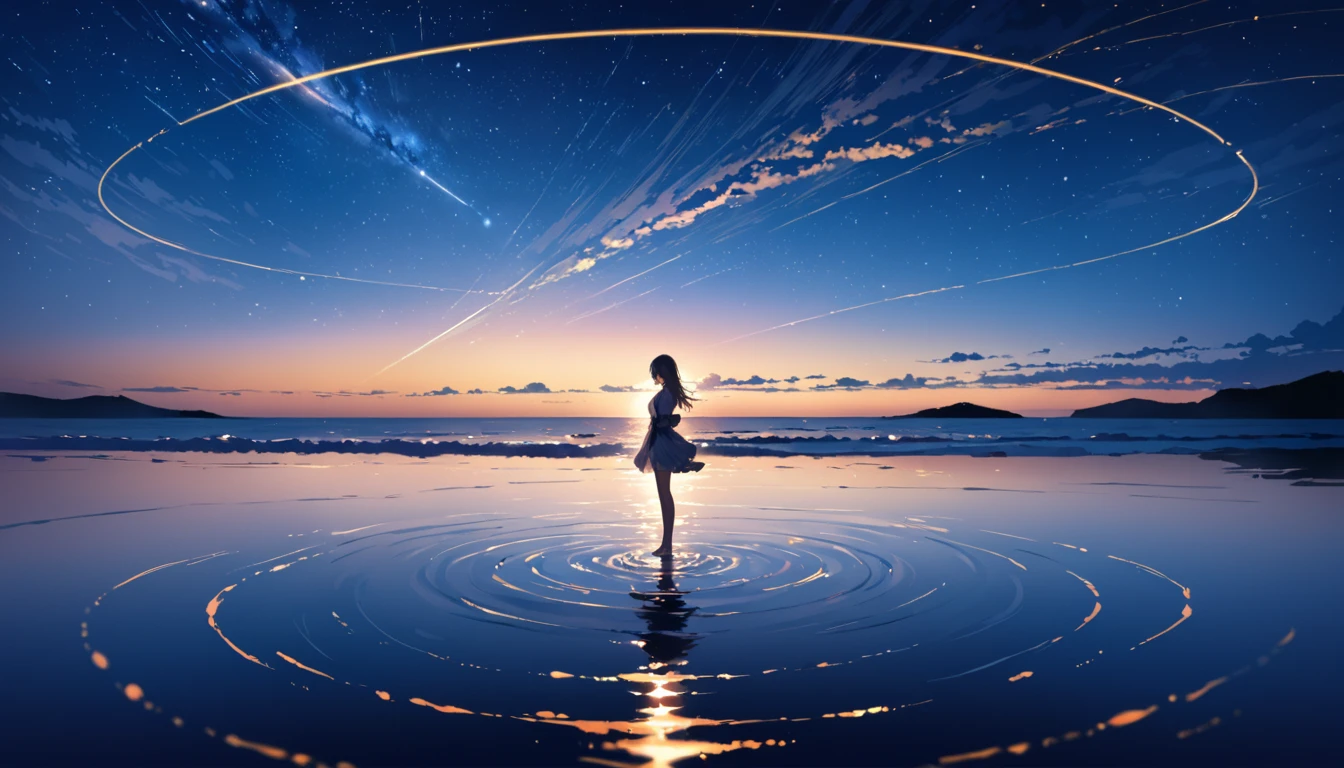 (close:1.4)、(RAW Photos:1.2)、(Realistic:1.4)、(masterpiece:1.3)、(highest quality:1.4)、Japanese Girls、(Night view:1.2)、Light clothing、pretty girl、put one foot in the sea、Standing on tiptoes、landscape、Between the horizon and the sea、Side view、Ripples spreading from the toes、Standing about 20 meters away、On the Sea、The whole scene is Shiny O's、illumination、