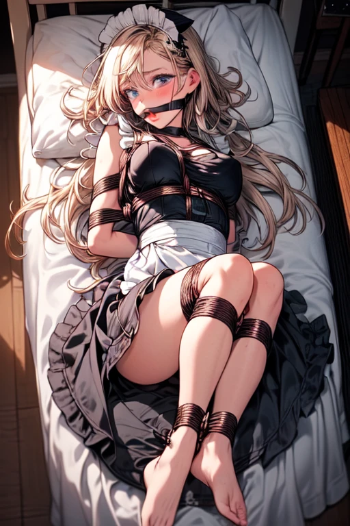 Shiny blond hair, very long hair, sophisticated haircut, ((((hair fully braided)))), ((small twisted braids)), thin and oval face, submissive, (((gagged))), ((((very cute maid girl)))), ((((very cute black maid dress)))), ((((cute waitress serving a blond man)))), cute and blushing 18 years old anime girl, look away because she is embarrassed and blushes, bright blue eyes, detailed face, detailed members, detailed arms, detailed hands, ((((sparkling diamond jewelry)))), tiara, ((makeup)), high heels, puffy sleeves, long gloves, long eyelashes, maid costume, maid dress, maid girl, Girl lying, tied by ropes, shackled, can no longer move, tied tightly, very hard tied up with lots of ropes, hampered by so many ropes that she can no longer move, bound hands and feet, ropes tie his whole body, tied extremely tightly and forcefully to her bed by a lot of ropes, its limbs are strongly tied together by ropes, his torso is tied up with thick cords, her chest is so tied up with ropes that it sticks out, her legs are tied tightly with thick ropes, his hands are tied behind his back with ropes, she can no longer move her feet, her hands which are tied by thick ropes, she desperately tries to free herself, likes to be tied tight with big ropes, likes to be immobilized by big ropes, lying down, his hands and feet are strongly tied to the railing of his bed, his legs are pressed together and tied with ropes, its limbs are held vigorously by imposing ropes, her hands are tied securely behind her back by ropes, her chest is compressed by strong ropes, she is pressed against her bed and restrained by large ropes (shibari, arms behind the back:1.4), (hands on the back), (masterpiece, best quality) 1.5, 1girl, solo, (sexy, beautiful woman, perfect face, perfect eyes, perfect hands), samus aran, (shibari, arms behind the back:1.4), (hands on the back), Spread the legs, s&#39; ((lie in bed by big ropes)), ((close up of the girl)), ((((lie in bed))))