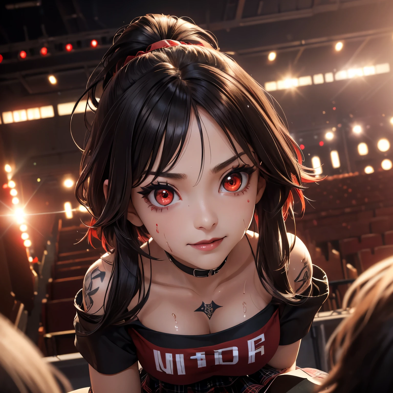 a girl, big eyes, eye shadow, ((bright eyes)), ((red eyes: 1.13)), beautiful expressive red eyes, lipstick, crazy smile, black hair with red tips, short messy hair with long sides, breasts medium women wearing black cropped t-shirt, plaid pleated mini skirt, high boots, body covered in tattoos, beautiful girl, (perfect body beauty: 1.4, symmetrical face with harmonious features, authentic skin texture, masterpiece, best quality, cinematic lighting , textured skin, anatomically correct , high detail, realism, high resolution, 8k wallpaper unit, depth of field, concert hall, dancing, bottom view, sweaty, sweat:1.2,