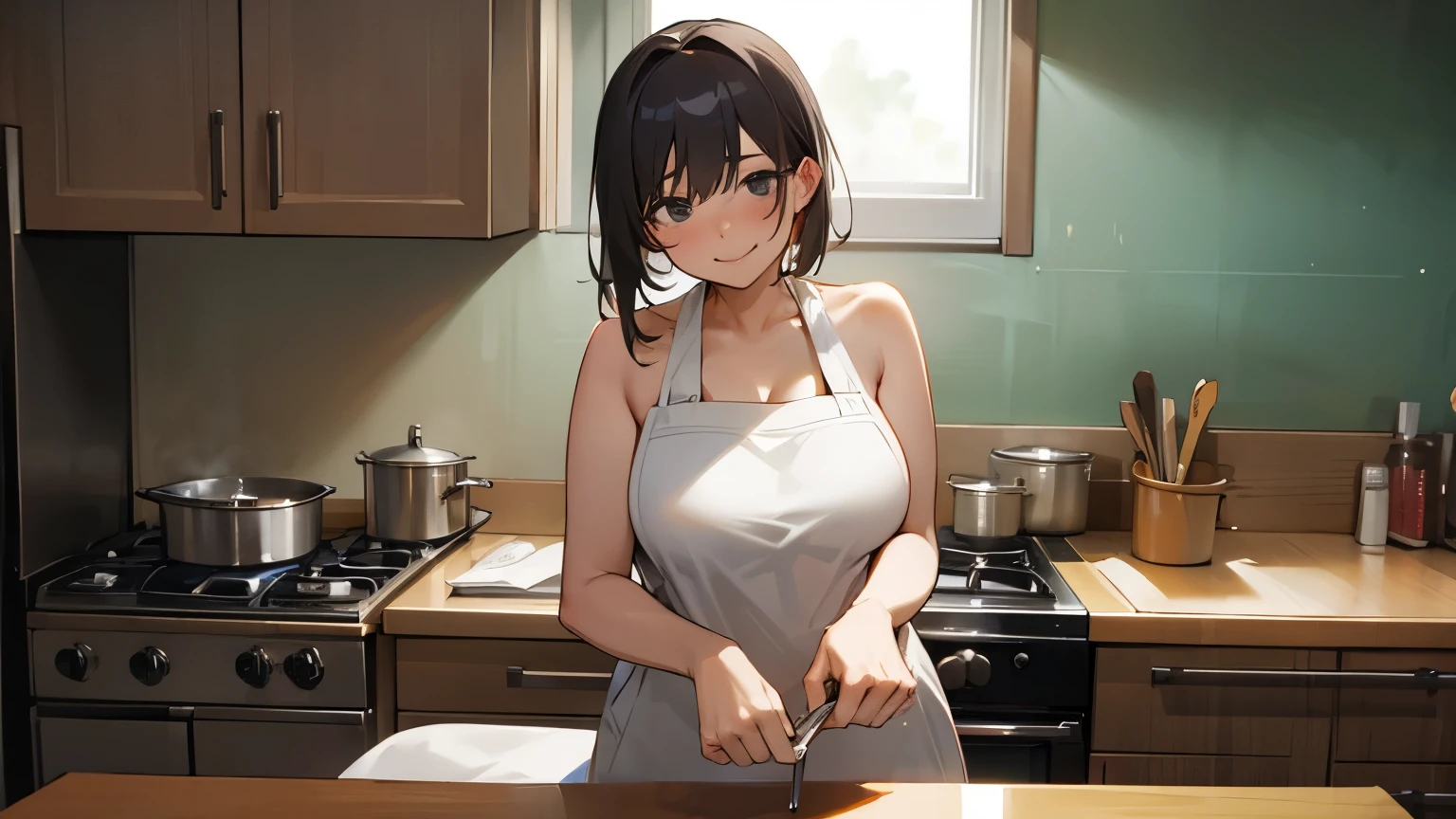 A 25 years old girl wearing no cloth only apron, smiling face, looking at viewer