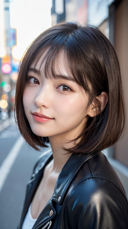 (((Straight shoulder-length brown mini bob)))、(((目が細くLight eye makeup)))、(((standing alone on the rider&#39;Black leather jacket with the backdrop of a nighttime Kabukicho alley.)))、(((Please come wearing clothes that cover your arms...)))、Half Japanese and Korean、18-year-old girl、independent、Look forward、Light eye makeup、Brown Hair Color、flat 、Hair blowing in the wind、quality of actress、Shiny, Ultra-realistic faces、smileの表情、Watery eyes、look up、Calming lighting effects、 Ultra-Realistic Capture、Very detailed、High resolution 16K human skin close-up。Skin texture must be natural、Must be so detailed that pores are visible、skin is healthy、Must be an even tone、Use natural light and color、High quality photos taken by a modeling agency&#39;Exclusive photographer、smile、(((Sigma 300mm F/2.8,1/1000 sec shutter,ISO400)))
