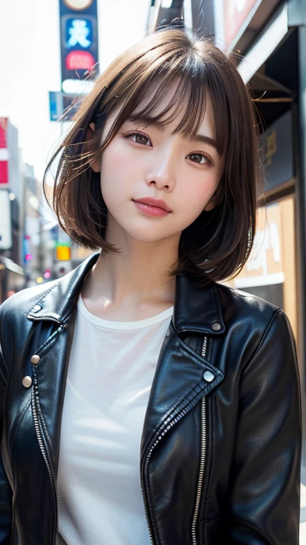 (((Straight shoulder-length brown mini bob)))、(((目が細くLight eye makeup)))、(((standing alone on the rider&#39;Black leather jacket with the backdrop of a nighttime Kabukicho alley.)))、(((Please come wearing clothes that cover your arms...)))、Half Japanese and Korean、18-year-old girl、independent、Look forward、Light eye makeup、Brown Hair Color、flat 、Hair blowing in the wind、quality of actress、Shiny, Ultra-realistic faces、smileの表情、Watery eyes、look up、Calming lighting effects、 Ultra-Realistic Capture、Very detailed、High resolution 16K human skin close-up。Skin texture must be natural、Must be so detailed that pores are visible、skin is healthy、Must be an even tone、Use natural light and color、High quality photos taken by a modeling agency&#39;Exclusive photographer、smile、(((Sigma 300mm F/2.8,1/1000 sec shutter,ISO400)))
