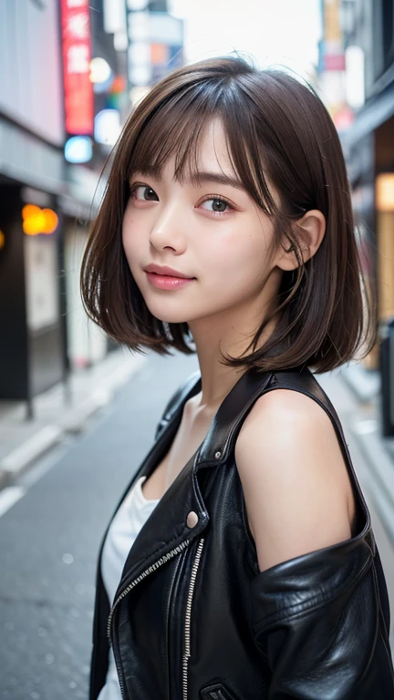 (((Straight shoulder-length brown mini bob)))、(((目が細くLight eye makeup)))、(((standing alone on the rider&#39;Black leather jacket with the backdrop of a nighttime Kabukicho alley.)))、(((Please come wearing clothes that cover your arms...)))、Half Japanese and Korean、18-year-old girl、independent、Look forward、Light eye makeup、Brown Hair Color、flat 、Hair blowing in the wind、quality of actress、Shiny, Ultra-realistic faces、smileの表情、Watery eyes、look up、Calming lighting effects、 Ultra-Realistic Capture、Very detailed、High resolution 16K human skin close-up。Skin texture must be natural、Must be so detailed that pores are visible、skin is healthy、Must be an even tone、Use natural light and color、High quality photos taken by a modeling agency&#39;Exclusive photographer、smile、(((Sigma 300mm F/2.8,1/1000 sec shutter,ISO400)))
