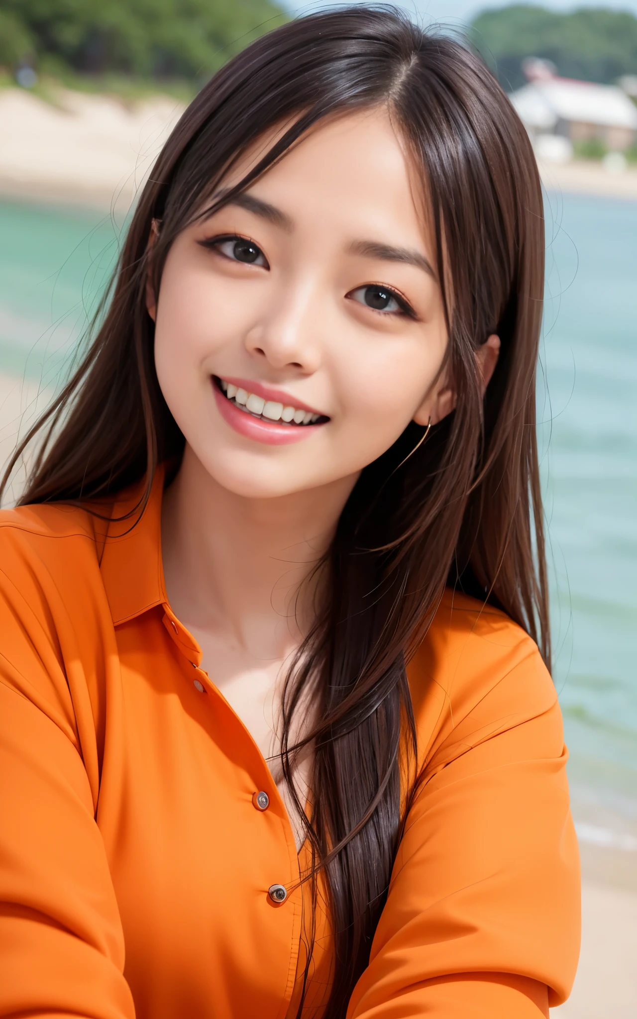 highest quality, figure, Ultra-detailed, finely, High resolution, 8K Wallpaper, 完璧なダイナミックな構figure, ((Sexy pose)), Beautiful Skin, (Big Eyes), 20 year old beautiful girl, Natural color lip, Mid chest, smile, Highly detailed face and skin texture, Detailed eyes, Double eyelid,leaking teeth and laughing, close-up, profile, Brown long hair, (Orange jacket), (shirt:1.2), Seaside