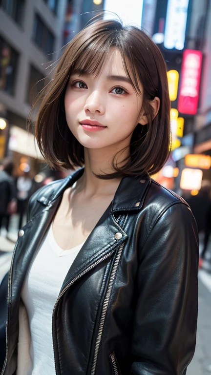 (((Straight shoulder-length brown mini bob)))、(((目が細くLight eye makeup)))、(((standing alone on the rider&#39;Black leather jacket with the backdrop of a nighttime Kabukicho alley.)))、(((Please come wearing clothes that cover your arms...)))、Half Japanese and Korean、18-year-old girl、independent、Look forward、Light eye makeup、Brown Hair Color、flat 、Hair blowing in the wind、quality of actress、Shiny, Ultra-realistic faces、smileの表情、Watery eyes、look up、Calming lighting effects、 Ultra-Realistic Capture、Very detailed、High resolution 16K human skin close-up。Skin texture must be natural、Must be so detailed that pores are visible、skin is healthy、Must be an even tone、Use natural light and color、High quality photos taken by a modeling agency&#39;Exclusive photographer、smile、(((Sigma 300mm F/2.8,1/1000 sec shutter,ISO400)))
