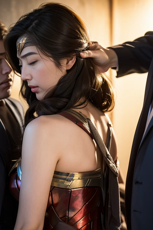 From behind,完璧なWonder Womanの衣装,Get on all fours,Lick my face,My head is licked,Having your hair licked,Body licking,sleeping face,Close ~ eyes,Open your mouth,Tired face,Face of Suffering,sleeping face,Fight with the men,Surrounded by men,,caught between men,Being held back by men,Entanglement with men, Attacked by men,assaulted by men,Being bullied by a man,Sexually abused by a man,Captured by a man,Being restrained by a man、touch your face,、Hair is pulled hard,My head is grabbed,brown hair,  masterpiece、beautiful girl、fine 目、puffy eyes、highest quality, 超High resolution, (reality: 1.4), Cinema Lighting,so beautiful、Beautiful Skin、(超reality的な)、(High resolution)、(8k)、(Very detailed)、(beautiful and fine 目)、(Very detailed)、 Detailed face、slanted bangeshi hair、brown hair、20-year-old、Wonder Womanのコスプレ，Wonder Woman