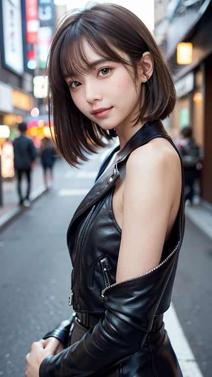 (((Straight shoulder-length brown mini bob)))、(((目が細くLight eye makeup)))、(((standing alone on the rider'Black leather jacket with the backdrop of a nighttime Kabukicho alley.)))、(((Please come wearing clothes that cover your arms...)))、Half Japanese and Korean、18-year-old girl、independent、Look forward、Light eye makeup、Brown Hair Color、flat 、Hair blowing in the wind、quality of actress、Shiny, Ultra-realistic faces、smileの表情、Watery eyes、look up、Calming lighting effects、 Ultra-Realistic Capture、Very detailed、High resolution 16K human skin close-up。Skin texture must be natural、Must be so detailed that pores are visible、skin is healthy、Must be an even tone、Use natural light and color、High quality photos taken by a modeling agency'Exclusive photographer、smile、(((Sigma 300mm F/2.8,1/1000 sec shutter,ISO400)))