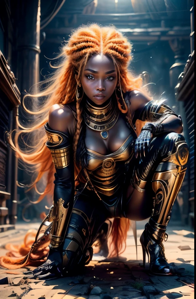 8k portrait of photo of beautiful black girl, full body image, Artwork in the style of Vladimir Kush, orange hair, long hair, orange dreadlocks hair, full body, realistic, very dark natural skin, blue eyes, detailed and intricate portrayal of a mechanical or cybernetic woman, metal panels, tubes attached to arms, full body image, wrestling stance, african features, metallic and mechanical components, gold adornments in hair, orange boxbraids, soft sunlight, textured skin, straining to cary a heavy battle axe, denim jeans, black sweater, blue scarf, black gloves, red boots, intricate, elegant, highly detailed, futuristic, full body image, digital photography, (masterpiece, sidelighting, finely detailed beautiful eyes: 1.2), hdr,